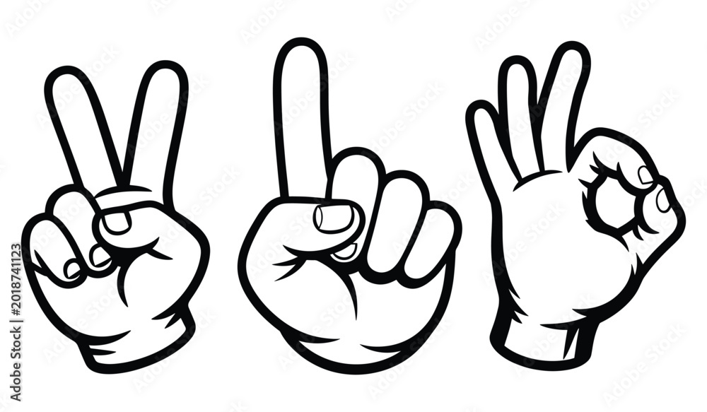 Fototapeta premium Bold Outline Cartoon Hand Gesture Collection, Sign Pointing Finger OK Symbol, two raised fingers, a single upward-pointing index finger