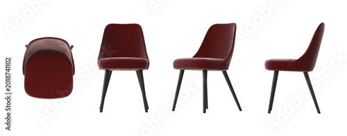 Foto Modern burgundy velvet dining chair with black legs shown from multiple angles