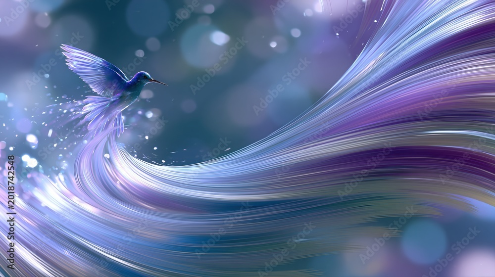 Fototapeta premium Magical hummingbird with iridescent wings flying through flowing purple and blue light trails