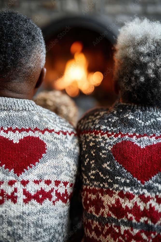 Fototapeta premium Back view of older Black couple in matching red heart sweaters, seated by warm fireplace, gazing at blurred flames. Curly gray hair, cozy attire hint at quiet intimacy. Focus on shoulders & fire soft