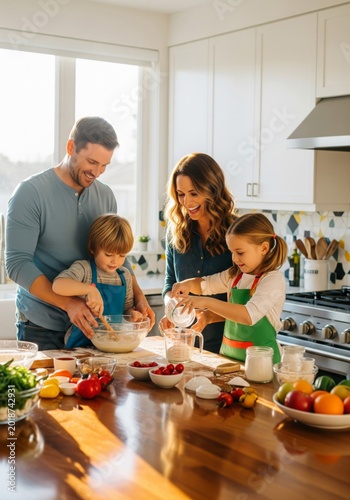 Family Baking Together in Bright Kitchen with Sunlight and