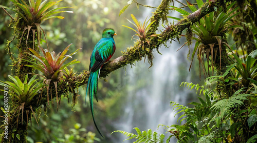 Colorful parrot perched on branch in lush tropical rainforest waterfall setting
