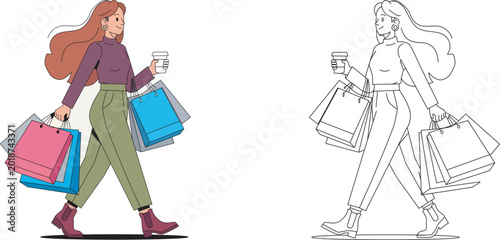 Schilderij op canvas Stylish young woman holding shopping bags and a coffee cup while walking happily