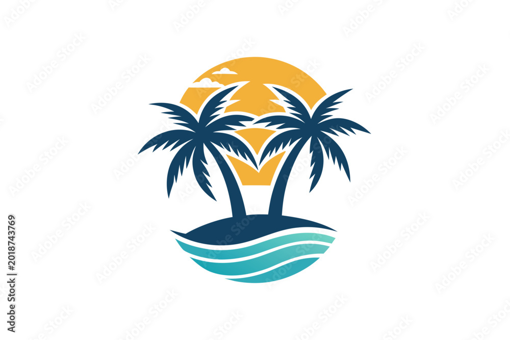 Obraz premium Tropical island with palm trees and sunset behind