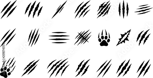 Claw mark vector silhouette set. Claws beast ripped marks.

