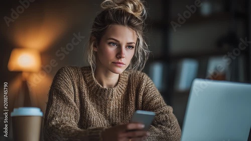 Serious woman using smartphone while working on laptop, modern multitasking workspace scene
