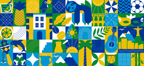 Seamless geometric Brazilian pattern and banner with Brazil icons, cultural symbols. Colorful mosaic background with simple shapes