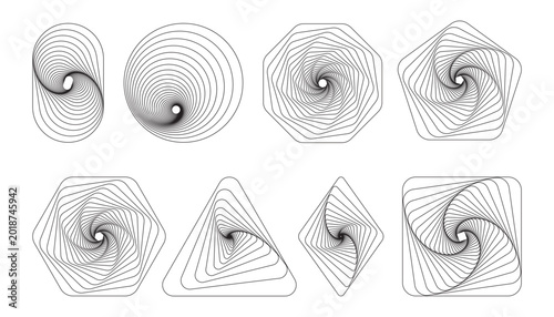 Foto Black Line Geometric Spiral Patterns in Polygonal Shapes with Symmetrical Optica