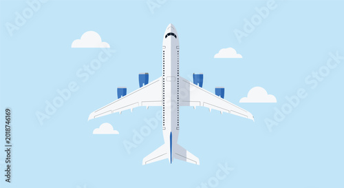 Top-down view illustration of a large white commercial airplane flying through a clear blue sky with fluffy white clouds.