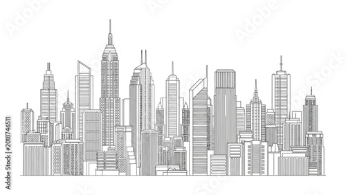 Detailed hand drawn sketch of a modern city skyline with skyscrapers.