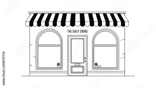 Black and white line art illustration of a coffee shop storefront.