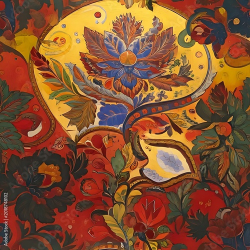 Ornate, vibrant, floral, painted textile pattern