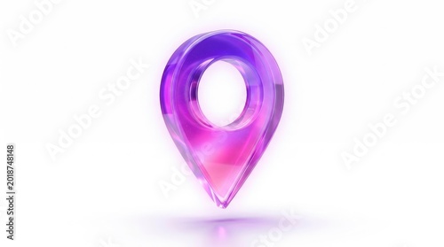 A translucent purple and pink map pin glows with a vibrant light. The pin is centered on a white background, creating a striking contrast.