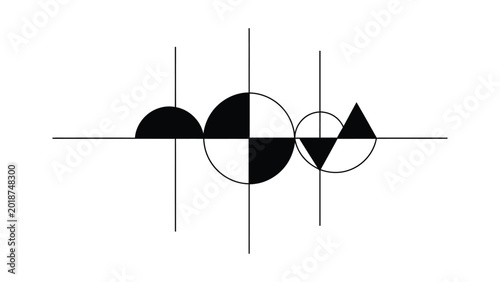 Minimalist geometric abstract design featuring circles and triangles on horizontal and vertical lines.