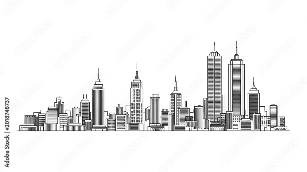 Fototapeta premium Minimalist black and white city skyline outline illustration.