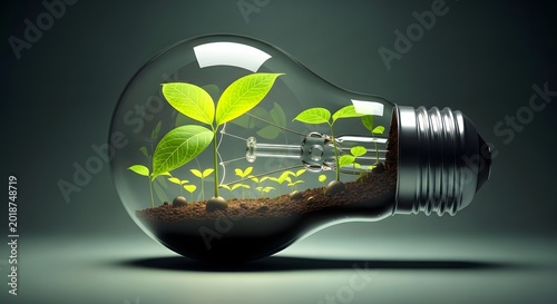 Light bulb with growing plant inside on transparent background