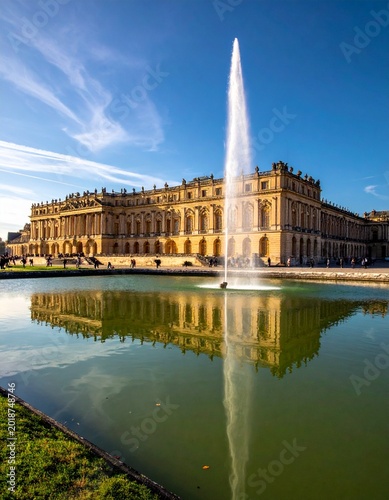 Ornate palace with tall fountain spray