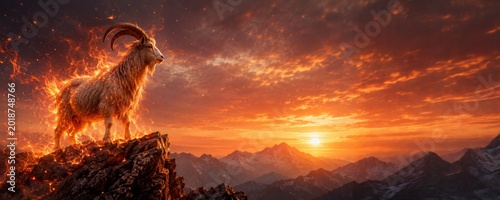 Fiery mountain goat standing on rocky peak at sunset symbolizing 2027 Chinese New Year red fire goat zodiac