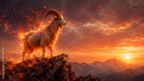 Glowing fire goat on mountain cliff at sunset inspired by 2027 Chinese zodiac red fire goat New Year concept