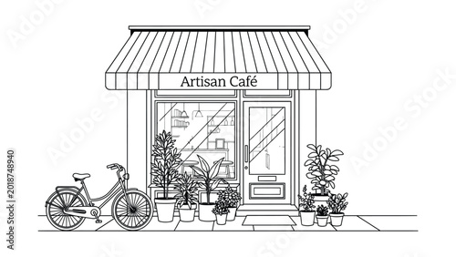 Hand drawn line art illustration of an artisan cafe storefront.