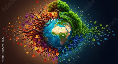 Earth held by tree roots with vibrant nature elements on dark background
