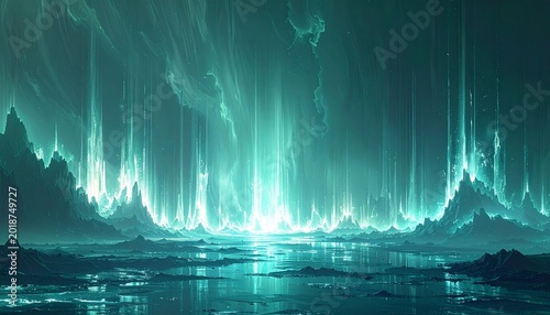 Otherworldly aurora over icy landscape