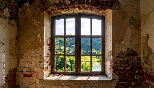 Overgrown nature viewed through decaying window
