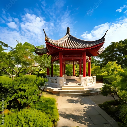 Ornate red pavilion in a lush green garden