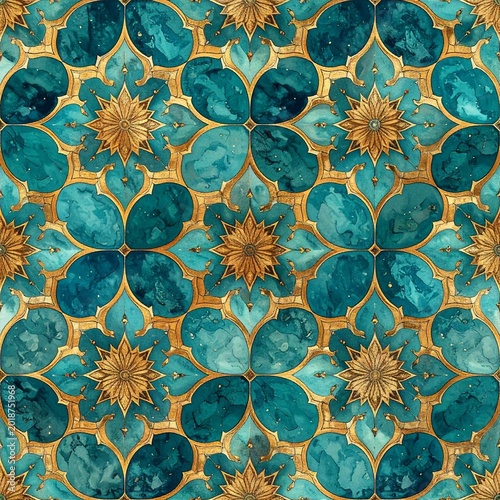 Ornate teal & gold floral pattern