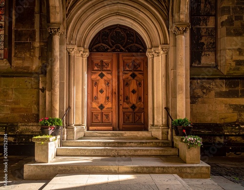Ornate wooden church doors and steps