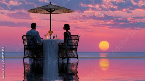 Romantic Sunset Dinner: A couple enjoys an intimate dinner by the sea as the sun dips below the horizon, painting the sky in hues of pink and orange.
