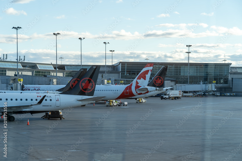 Fototapeta premium Mississauga, ON, Canada - October 16, 2024: Air Canada planes parked at Toronto’s Pearson International Airport in Mississauga, ON, Canada. 