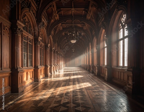 Ornate wooden hall, sunlit path