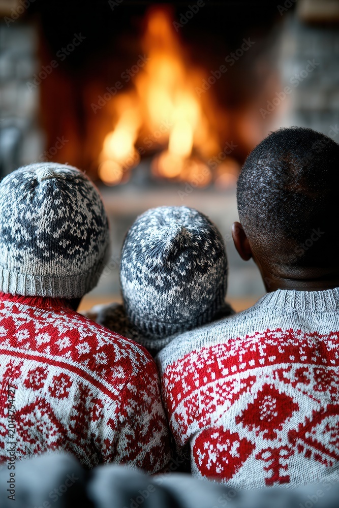 Obraz premium Three people in matching red/white sweaters and knit hats sit close, facing a glowing fireplace. Tight shot on shoulders/heads fire softly blurred behind. Warm light from flames bathes clothing/skin.