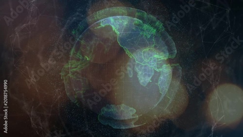 Light pulse starting holo globe rotating clockwise, bokeh drifting, mesh pulsing showing global net