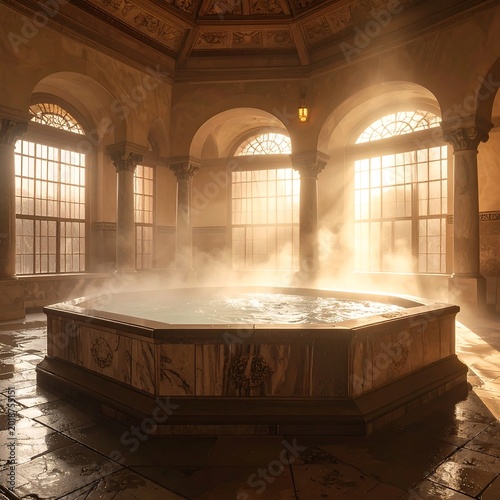 Ornate Roman bathhouse with steaming hot tub