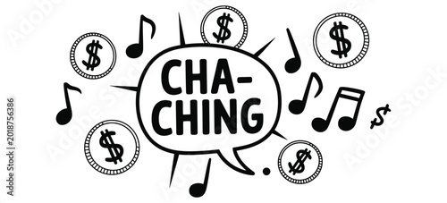 Cartoon Dollar cha Ching cash register sound effect vector illustration celebrating profit income finance and money success concept.