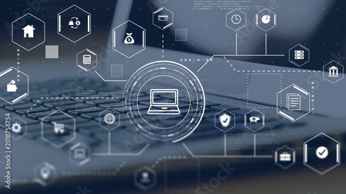 Central HUD ring enlarging, spreading overlay over laptop keys, hex icons appearing showing network