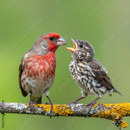 Parent feeding baby bird on branch