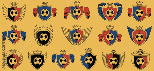 Obraz na płótnie Football club crest icon set, soccer shield badges and league emblem collection, sporty vector logos with balls, stars, ribbons, and championship symbols for team identity design