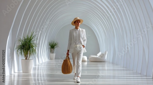 Architectural Elegance in Monochrome: A stylish individual strolls through a modern, light-filled corridor, the clean lines and neutral tones creating an atmosphere of sophistication and serenity. 