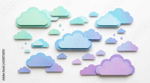 A whimsical arrangement of colorful clouds in pastel shades of blue, green, and purple, creating a dreamy and playful aesthetic.