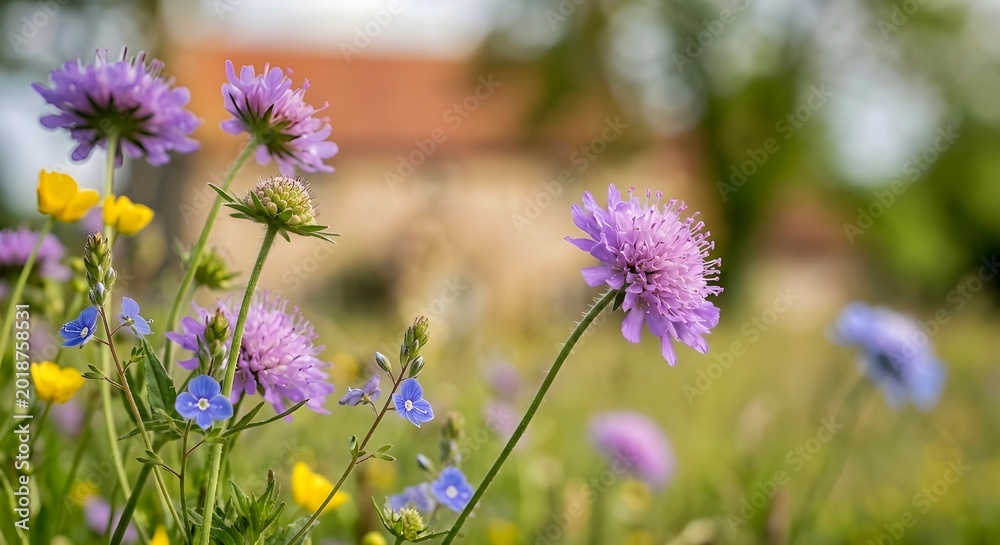 Fototapeta premium Wild Meadow Flowers with Purple and Yellow Blooms in Natural Light