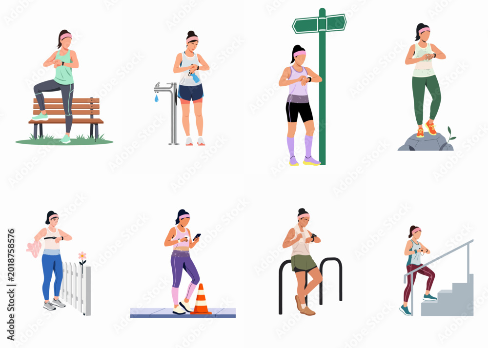 Fototapeta premium Flat Vector Illustration Set of Active Women Checking Smartwatches During Outdoor Workouts in Various Urban and Nature Settings