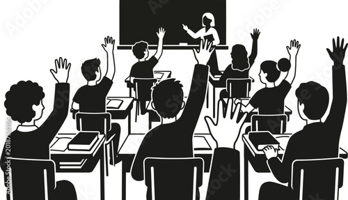Konstfotografi Diverse group of students raising hands in classroom eager to answer teacher's q