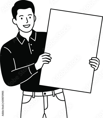 фотографія Smiling young man in casual shirt and jeans proudly holds up a blank white board