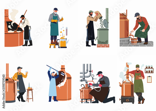 Quadro su tela Vector illustration set of professional brewers and distillers working in a craft brewery, performing various tasks like stirring vats and testing quality