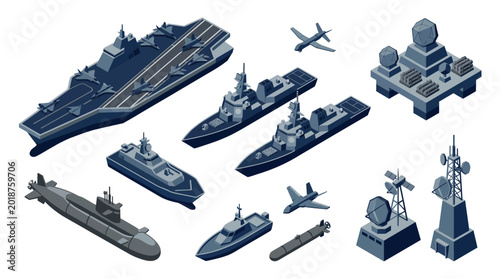Obraz na płótnie Isometric Military Navy Technology Set with Aircraft Carrier, Battleships, Submarine, Drone, and Radar Defense Systems