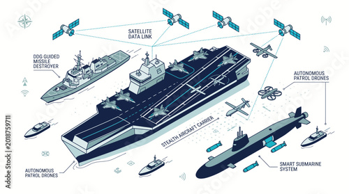 Foto Isometric Military Navy Technology Infographic with Stealth Aircraft Carrier, Satellite Data Link, Guided Missile Destroyer, and Autonomous Drones