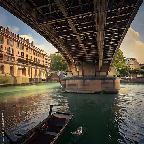 Parisian canal with arched bridge, boat, buildings
